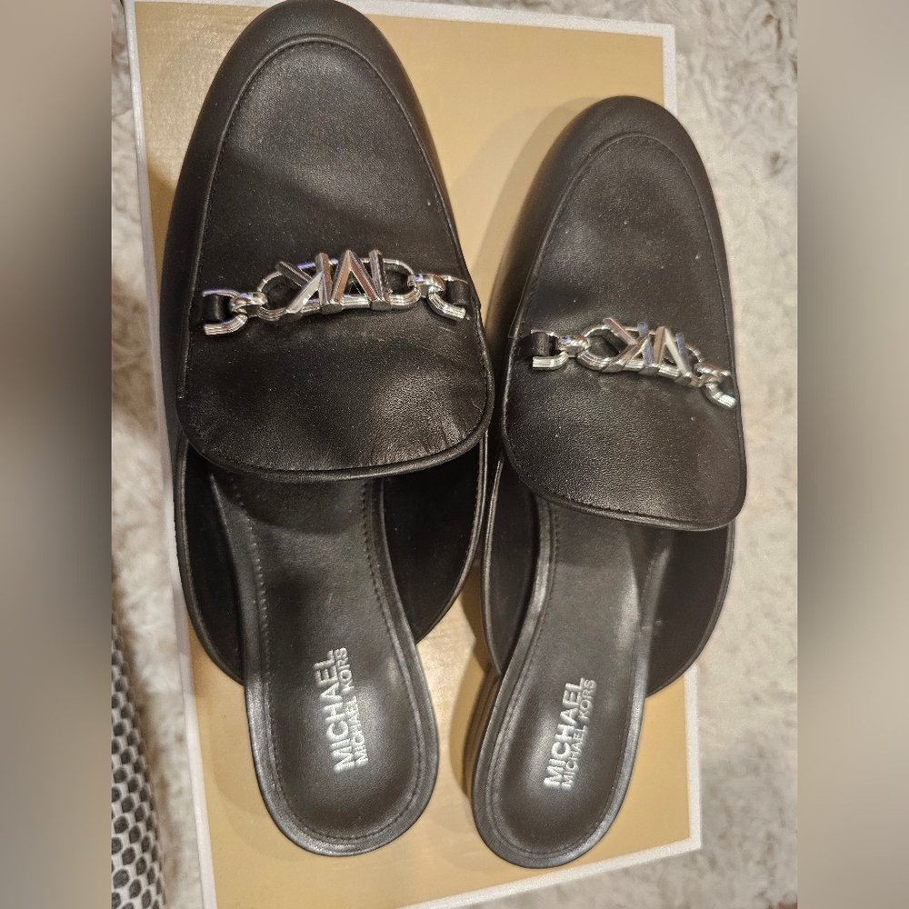 MICHAEL Michael Kors Black Mules with Silver Chain